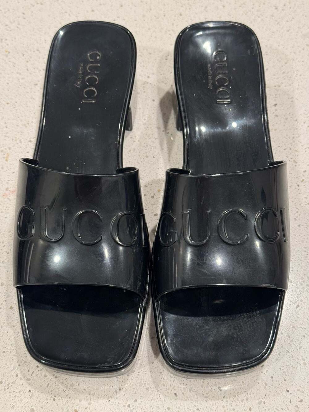 Gucci Rubber Logo Platform Block Heel Slide Sandals